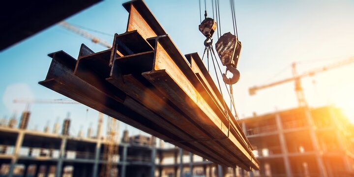 Steel I-beams lifted by a crane hook showcasing metal girder rigging, active construction site and heavy lifting equipment, representing urban development and architectural engineering