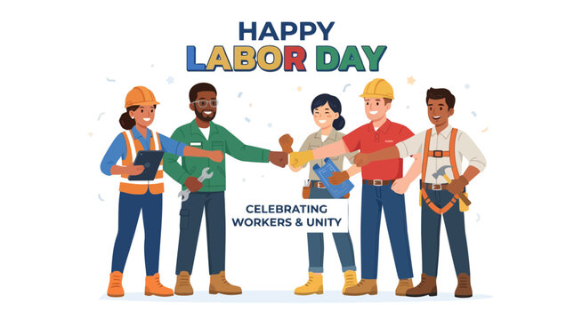 Diverse group of industrial workers bumping fists in unity for Labor Day professional celebration flat illustration