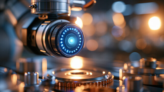 Robotic vision sensor camera system mounted in a bright intelligent factory setting crisp clean daylight with blue sensor glow robotic vision sensor intelligent factory camera