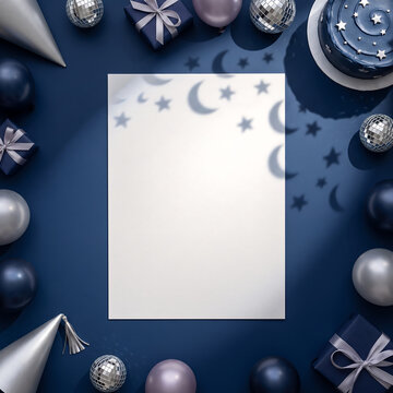 Blank 5x7 birthday invitation card mockup on a dark navy party background with silver balloons, gift boxes, celestial cake, moon and star shadows, viewed from above.
