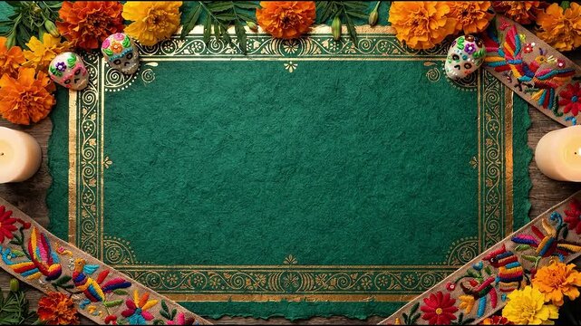 Vibrant day of the dead celebration background featuring ornate green paper candles marigolds and folk art motion video clip animation