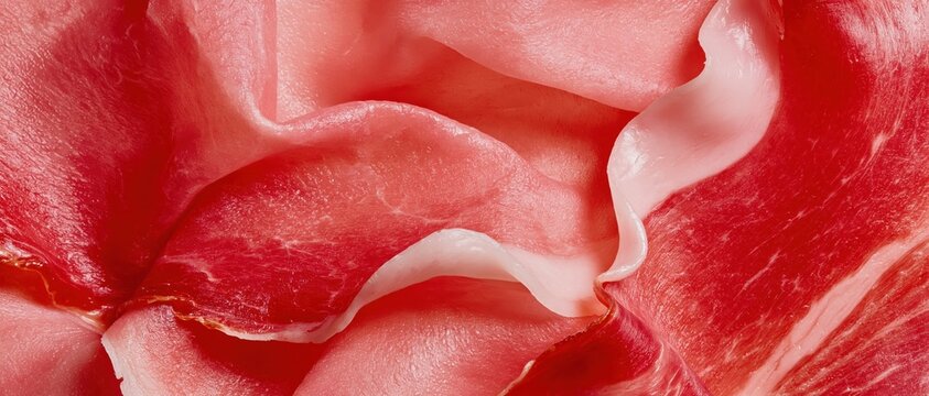 Prosciutto di San Daniele Curled Ribbons in Panoramic Macro Food Background