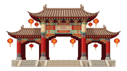 Fototapeta premium Traditional Chinese Gate Illustration with Hanging Lanterns