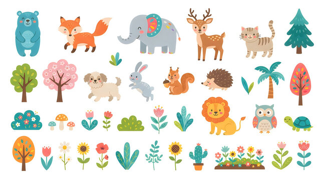 Set of colorful pixel art animals and plants in vector style