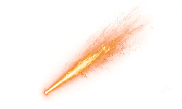 Abstract glowing orange light beam trail with magical fire particles isolated on transparent background