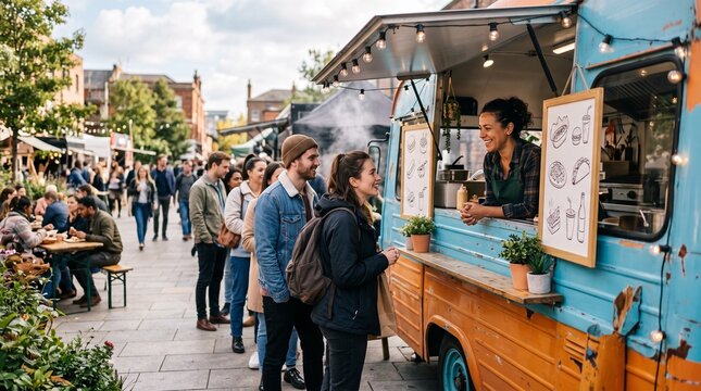 Diverse group of people queuing at a vibrant food truck during a street market event