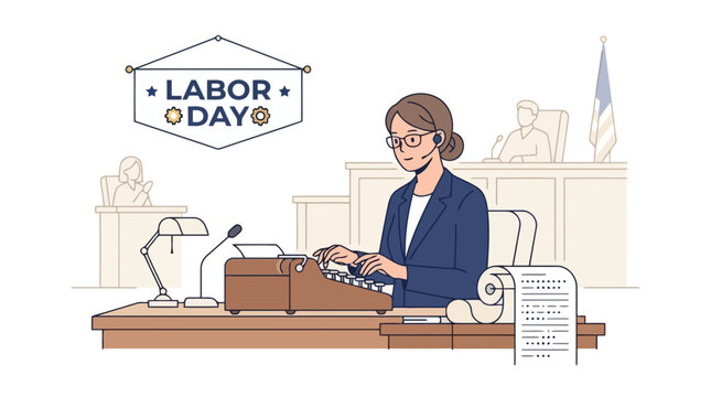 Professional court stenographer typing on typewriter in courtroom setting illustration
