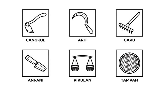 Traditional Indonesian Farming Tools Line Art Icon Set