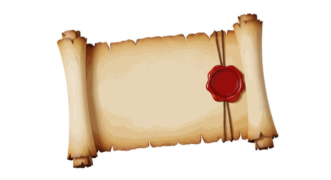 Vector illustration of old vintage paper scroll with red wax seal on a transparent background