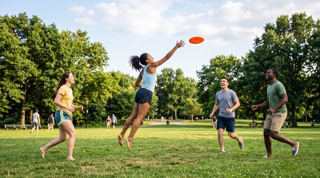 Diverse group of friends playing frisbee in a sunny park on a summer day