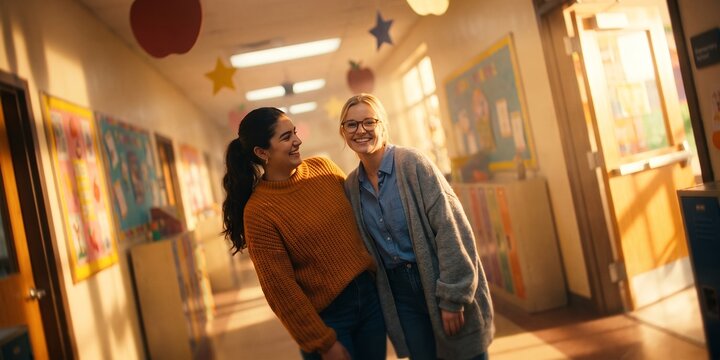 Two female teachers in school hallway showcasing cheerful expressions, warm sunlight and casual clothing, representing teacher friendship and academic support