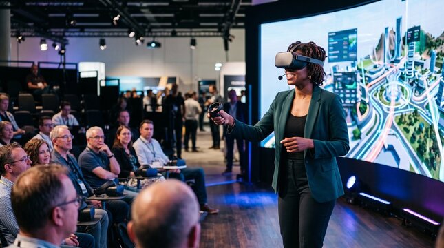 Woman demonstrates virtual reality technology at a conference with audience watching