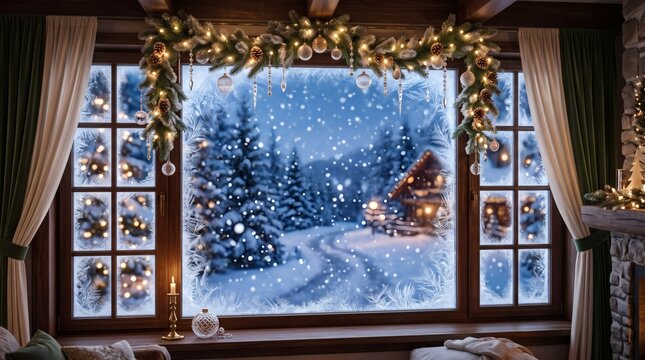 Christmas Frosted Glass Window Winter Background with Snow and Festive Holiday Mood