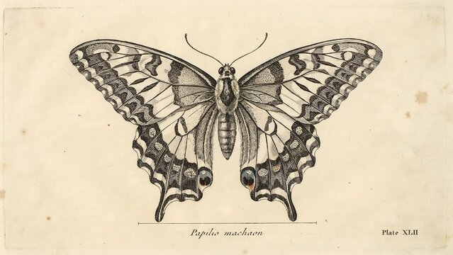 Vintage scientific illustration of large butterfly specimen, detailed wings with intricate patterns, detailed entomology artwork.