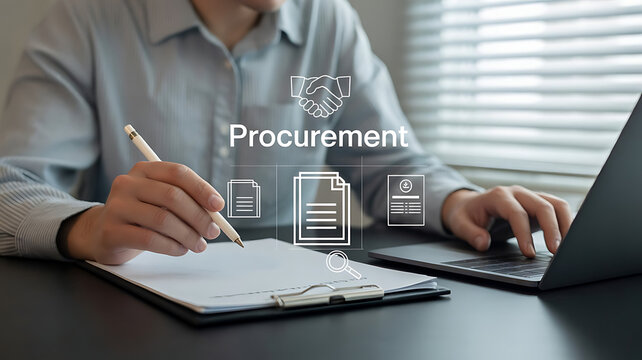 Business professional reviewing procurement documents and using laptop with digital icons suggesting contract and agreement