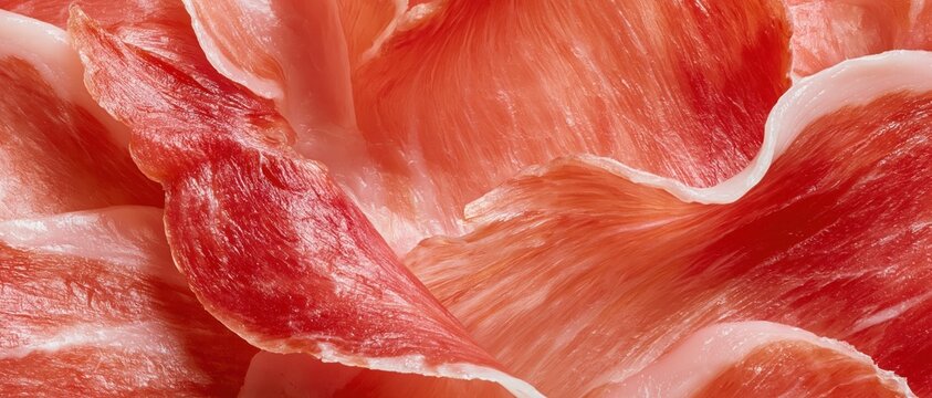 Spanish Jamon Serrano Layered Waves in Panoramic Macro Food Background