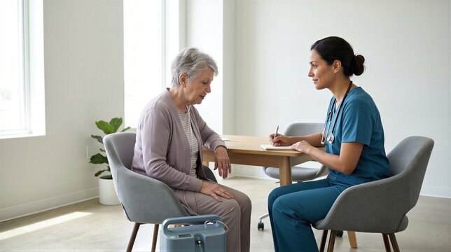 Doctor consulting elderly woman with nasal cannula for respiratory support. Medical examination of senior patient with oxygen concentrator. Professional healthcare assistance and lung care.