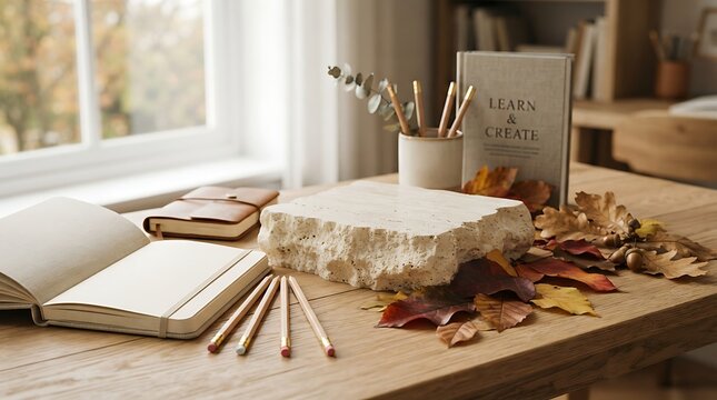 Open notebook and stone on wooden table with autumn leaves and pencils