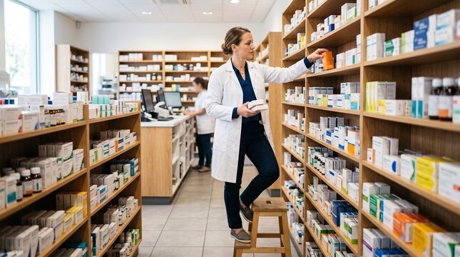 Pharmacist in white coat organizing shelves with medicine boxes in a modern pharmacy