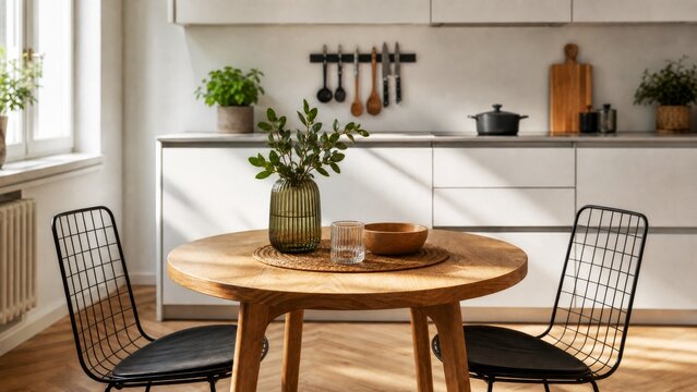 Round dining table in compact kitchen with city skyline view