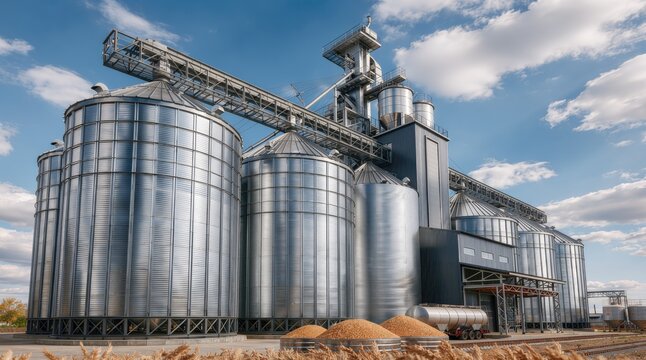 Grain storage. Modern grain elevator with steel silos stores, dries, and processes harvested crops for agricultural logistics, food production, and global grain supply chains.
