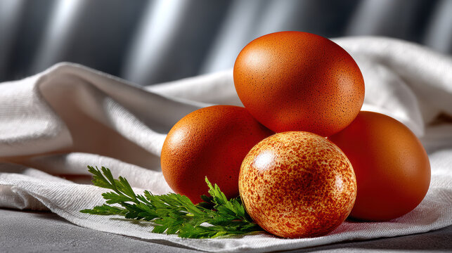 Three brown speckled eggs on white cloth with parsley for easter banner and organic food background for cooking and seasonal design