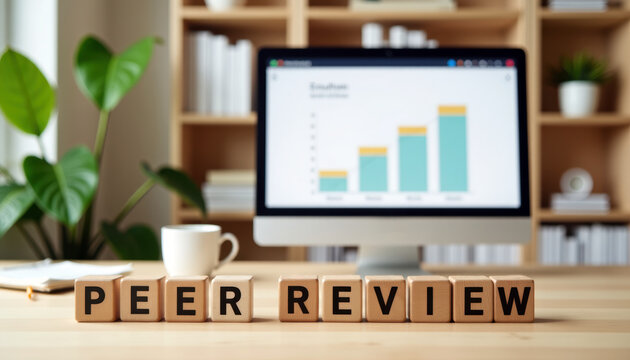 Research assessment desk with PEER REVIEW blocks below a chart monitor for reviewer scoring, scholarly reports, paper validation and academic workflow.