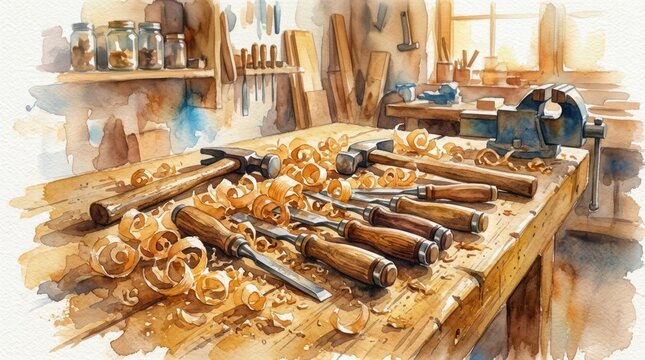 Watercolor workshop table with woodworking tools and chisels