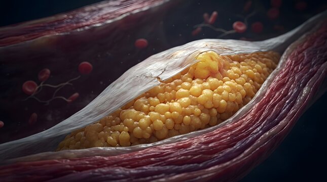 A cross-section view of a dangerous lipid plaque buildup inside a constricted human artery wall.
