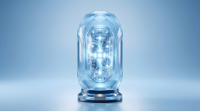 Cinematic 3D render of an ice-blue crystal capsule with a glowing AI microchip and circuit lines inside. Clean futuristic technology concept on light background for modern wallpaper.

