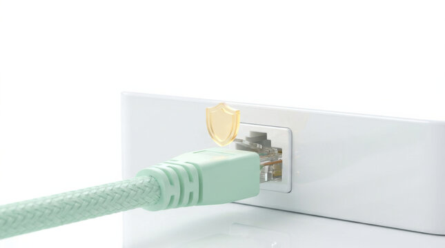 Network cable plugged into port on white device with shield icon symbolizing security and protection