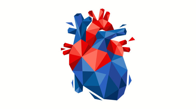 Abstract Geometric Human Heart Illustration Featuring Vibrant Red and Deep Blue Low Poly Polygonal Design Isolated on White Background