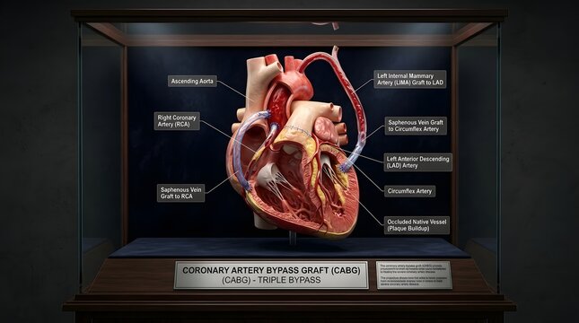 A museum display case containing a detailed anatomical model of a heart with triple bypass grafts.