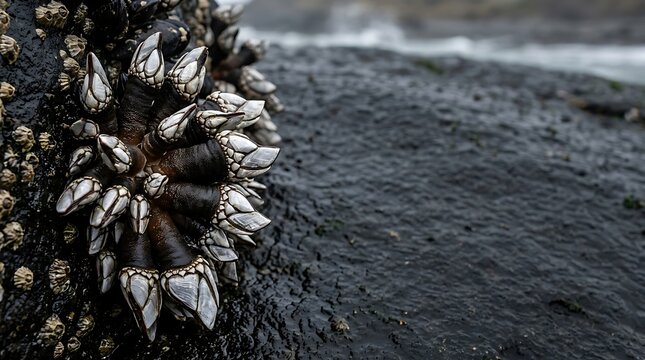 Goose barnacles clustered on a wet coastal rock during low tide
