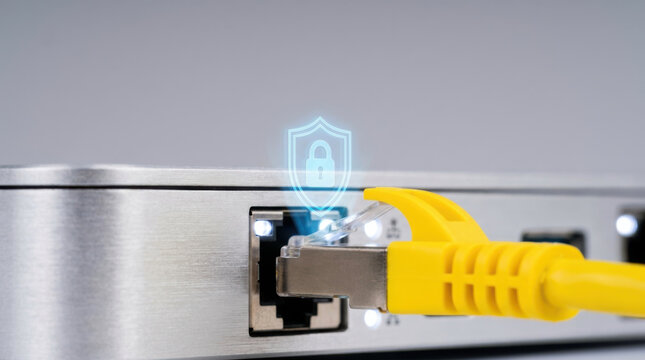 Network cable plugged into port with security lock icon on metallic device showing data protection