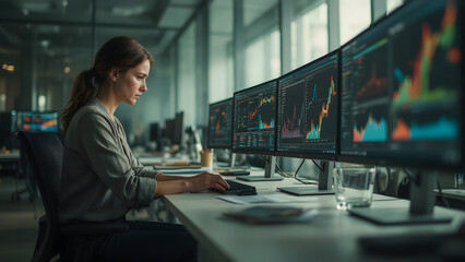 Fototapeta premium A stressed female office worker, seated at a sleek, modern desk cluttered with multiple computer monitors displaying colorful graphs and analytics, created with generative ai