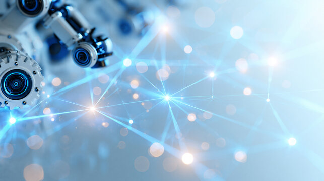 Glowing visualization linking robotics and machine learning for automated operations and real time decision making on a bright clean background luminous blue connection lines