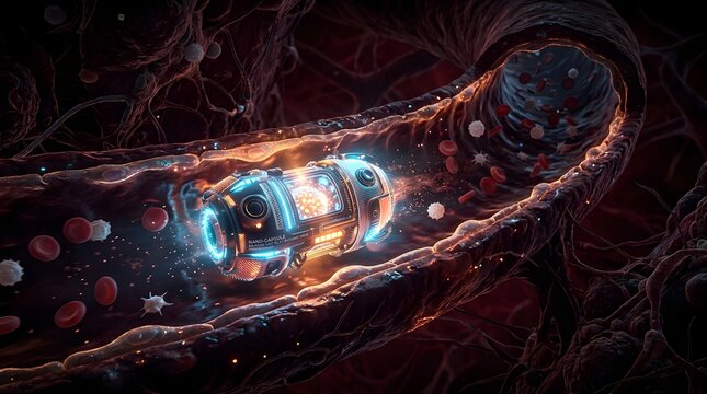 Futuristic Nanoparticle Drug Delivery Capsule Traveling Through A Human Blood Vessel With Red Cells.