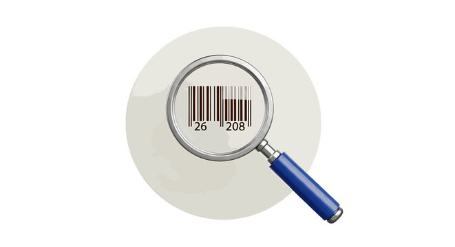Vector illustration of magnifying glass over barcode with numbers 26 and 208 on a transparent background