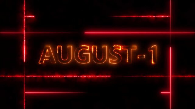 August 1st neon glowing date title animation with red laser light effects calendar