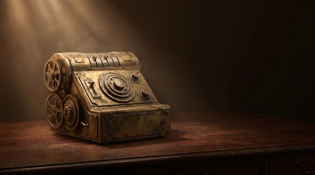 Vintage Brass Cipher Machine on Wooden Desk in Dramatic Light