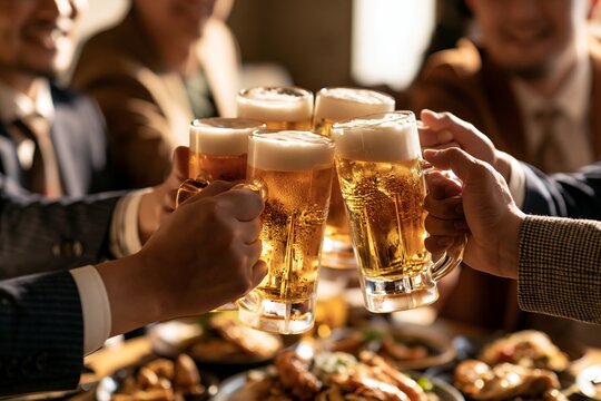 仕事終わりにビールジョッキを掲げ仲間と笑顔で乾杯する宴会