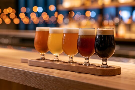バーカウンターに並ぶ5種のクラフトビールを飲み比べする夜