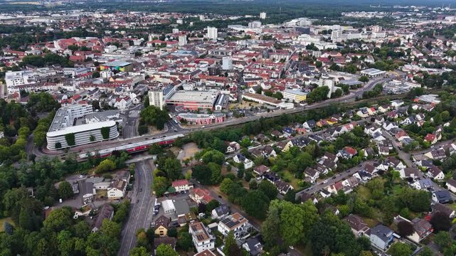 Aerial panorama view around the old town beside the city Hanau am Main in Germany Hesse on a sunny summer noon