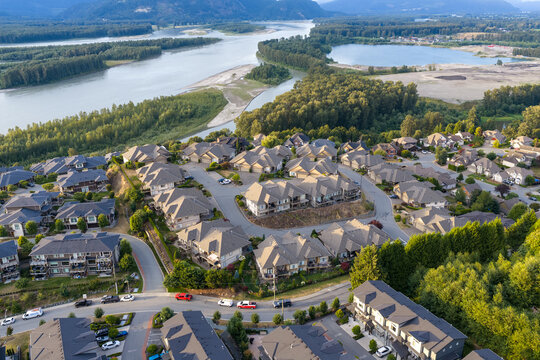 Aerial View Of Suburban Neighborhood Along River Bend Near Chilliwack British Columbia Canada