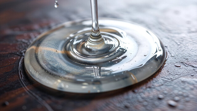 Clear liquid dripping onto a wooden surface