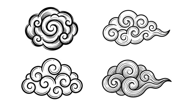Traditional Japanese cloud vector set, oriental swirl clouds in hand drawn style, vintage asian sky ornaments for tattoo and textile design