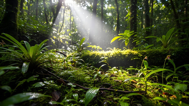 Lush tropical rainforest with sunlight filtering through canopy.