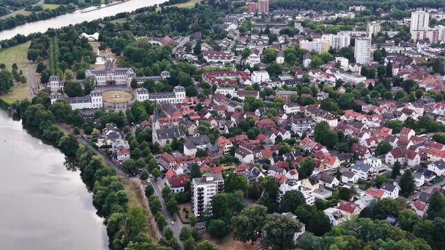 Aerial panorama view around the old town beside the city Hanau am Main in Germany Hesse on a sunny summer noon