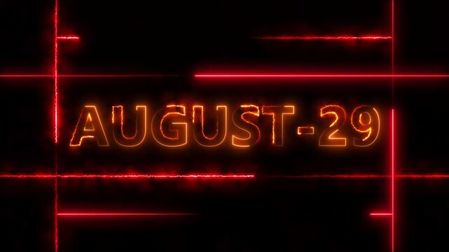 August 29 neon glowing text date reveal with dynamic red laser light lines background, calendar